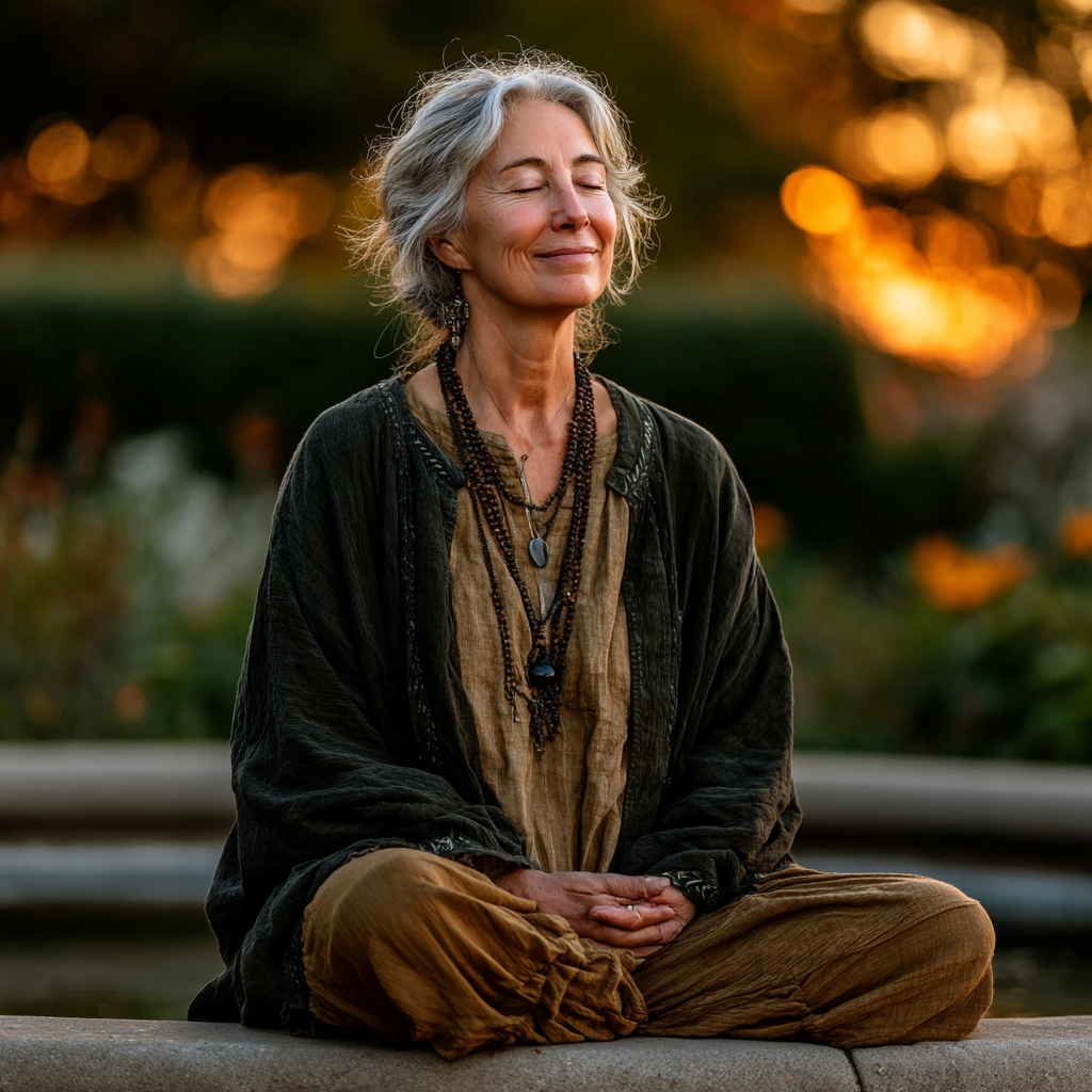 Mujer de 55 años en postura de loto, sonriendo serenamente en un jardín tranquilo durante el amanecer