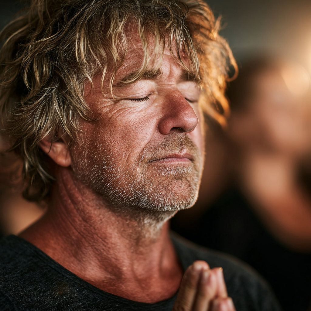 Hombre de 58 años realizando su primera clase de yoga con expresión de concentración y calma en un estudio luminoso