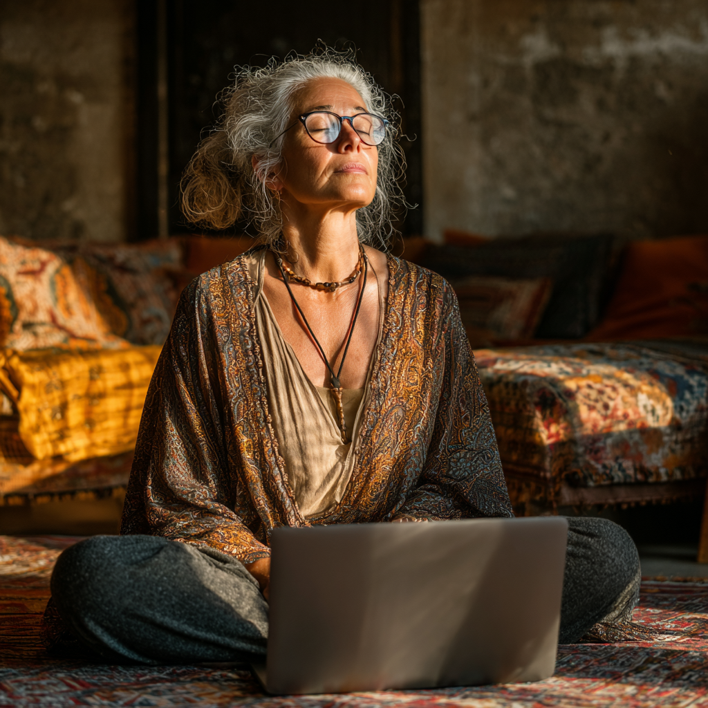 Mujer de 60 años practicando yoga desde su sala de estar siguiendo una clase online, con expresión de concentración y serenidad
