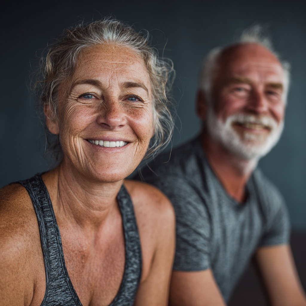 Pareja de 52 y 56 años disfrutando su primera clase de yoga juntos, sonriendo después de la sesión en un ambiente relajado